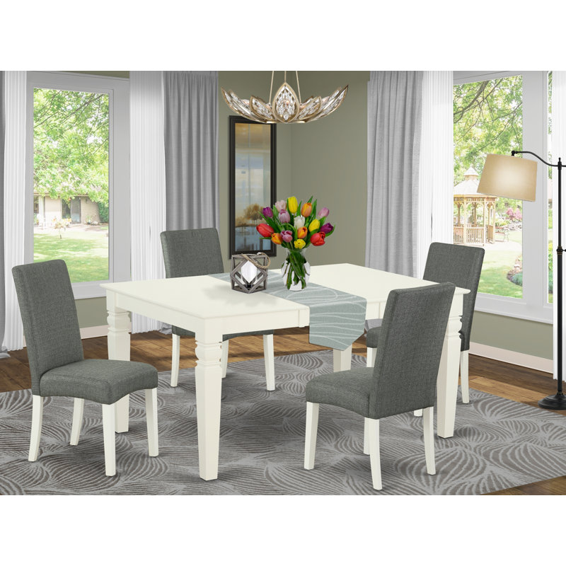 Cet ensemble de salle à manger 5 pièces comprend une table de salle à manger rectangulaire avec des rallonges papillon et 4 chaises rembourrées en lin gris, blanc lin