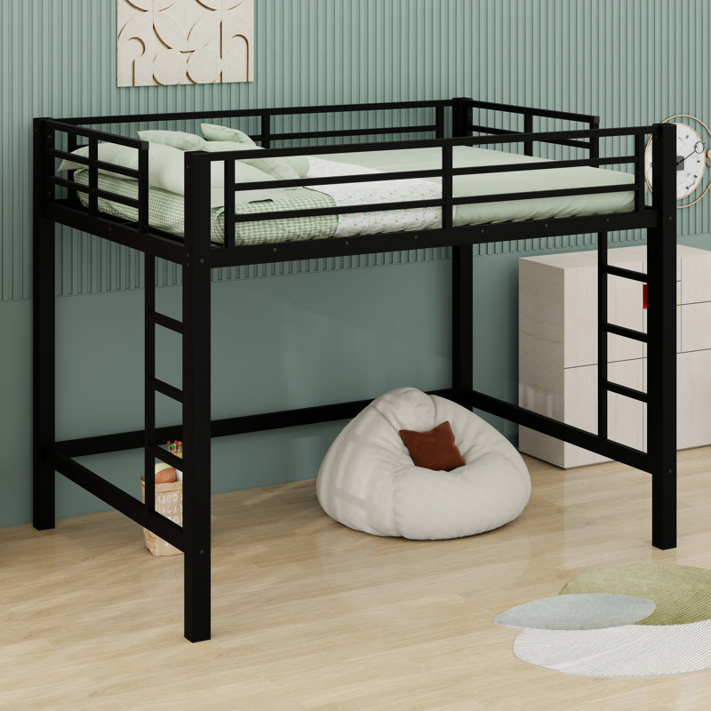 Metal Loft Bed With Ladder And Guardrails, Full