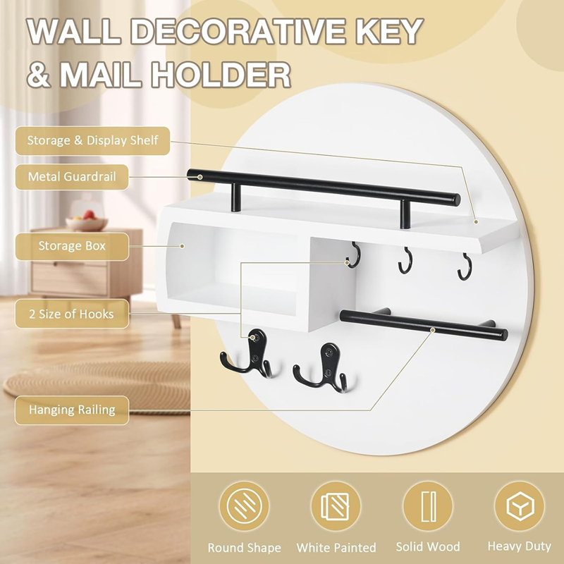 Key Holder Wall Mount, Wooden Key Mail Holder Decorative Round Key Rack With Shelf Key Organizer With Storage Box Sunglasses Hanger Multi Hooks For Entryway Hallway Doorway White