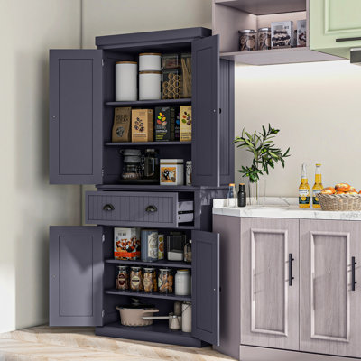 Armoire garde-manger 72 po bleu marine avec 4 portes, un tiroir et 3 tablettes réglables pour la cuisine et la salle à manger Armoire autoportante, grand tiroir de rangement, tablettes, espace