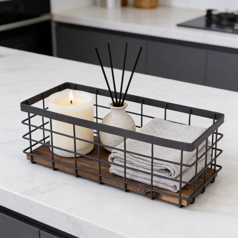 Panier de rangement en fil métallique avec base en bois amovible, bac de rangement polyvalent pour la cuisine, la salle de bain, le garde-manger, le garage et la salle de lavage