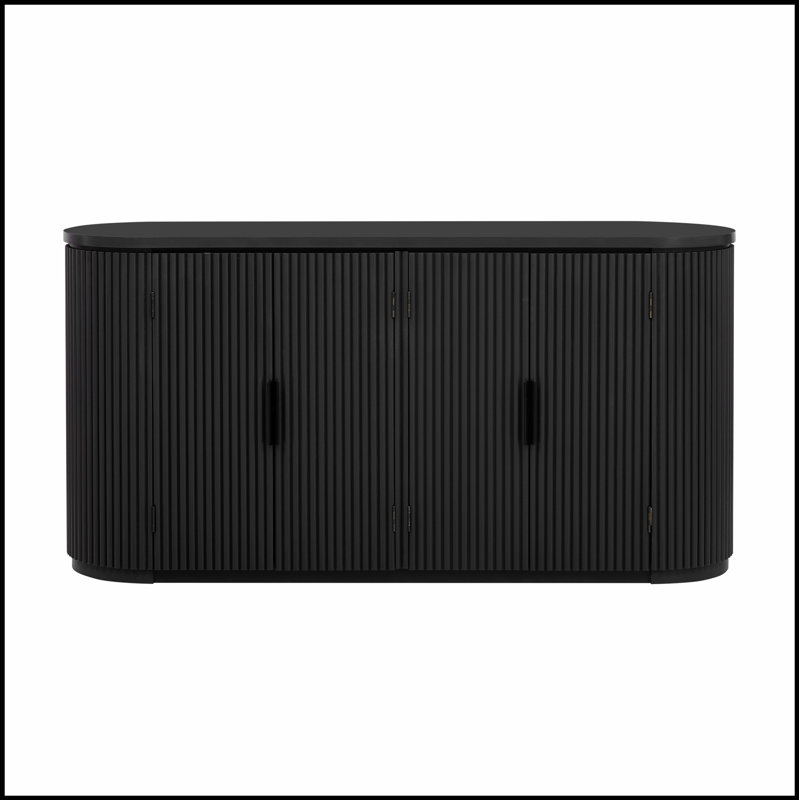 Vertical Striped Door Storage Cabinet with Metal Handles, Adjustable, Black