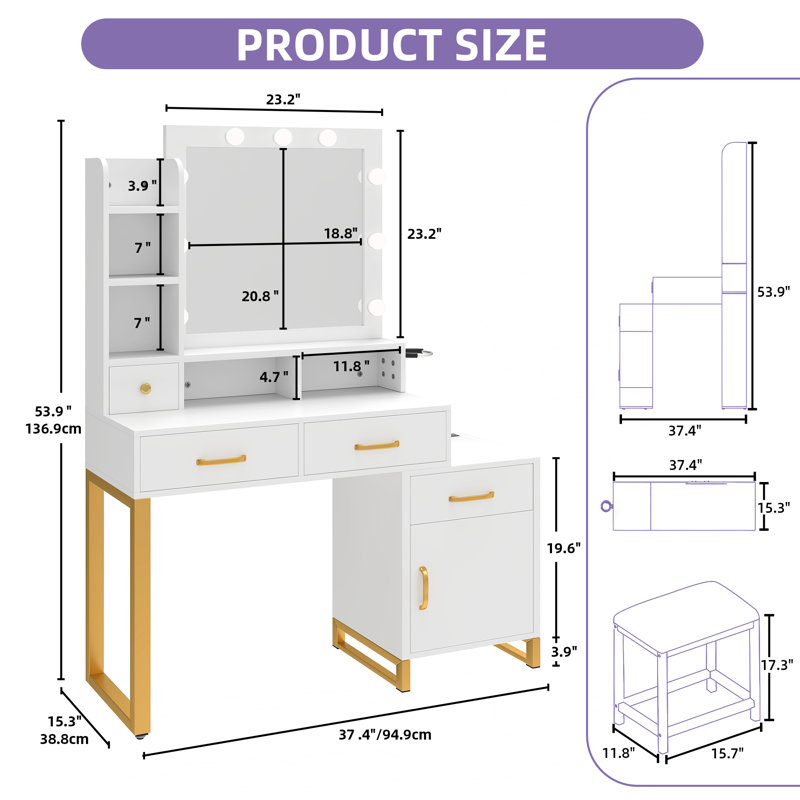 Azusena 53'' Vanity Built-In Outlets with Lighted Mirror, White