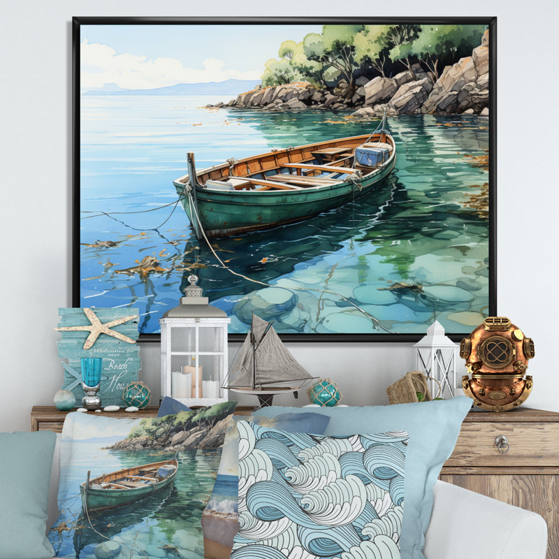 Bateau ancré IV sur toile, Cadre flottant noir, H 34 po x l 44 po x P 1,5 po