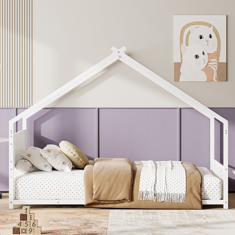 House Bed with Roof and Colorful Lights, Metal Bed Frame, Twin, White