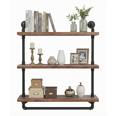 Industrial Wall Mounted Iron Floating Pipe Shelves/Shelving/Racks/Storage/Bookcases/Brackets, DIY Open Bookshelves/Shelving For Kitchen/Office, Retro Black (3-Tier Floating Shelves)