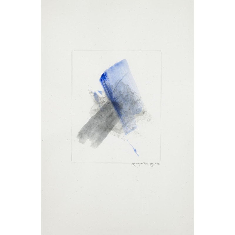 «One-of-a-Kind Original Blue Graphite» par Joyce Creiger - peinture encadrée sur papier