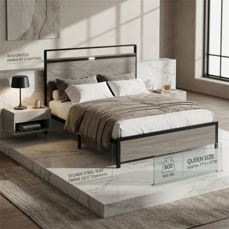 Cadre de lit double, cadre de lit plateforme en bois avec rangement, tête de lit éclairée par DEL et 2 ports USB, cadre de lit sans sommier nécessaire
