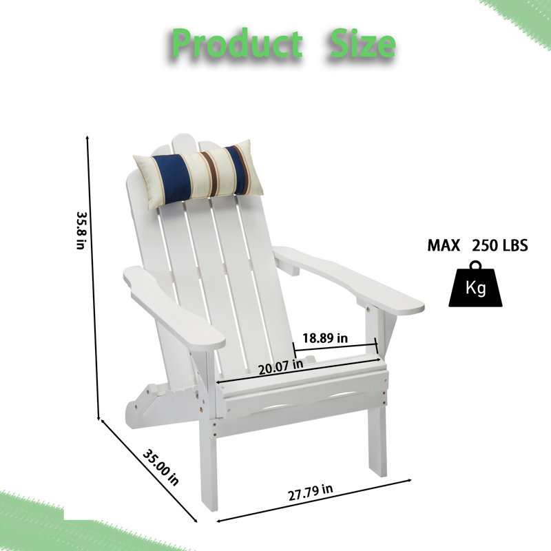 Tilsworth Wood Folding Adirondack Chair with Pillow for Outdoor Yard, Garden, White