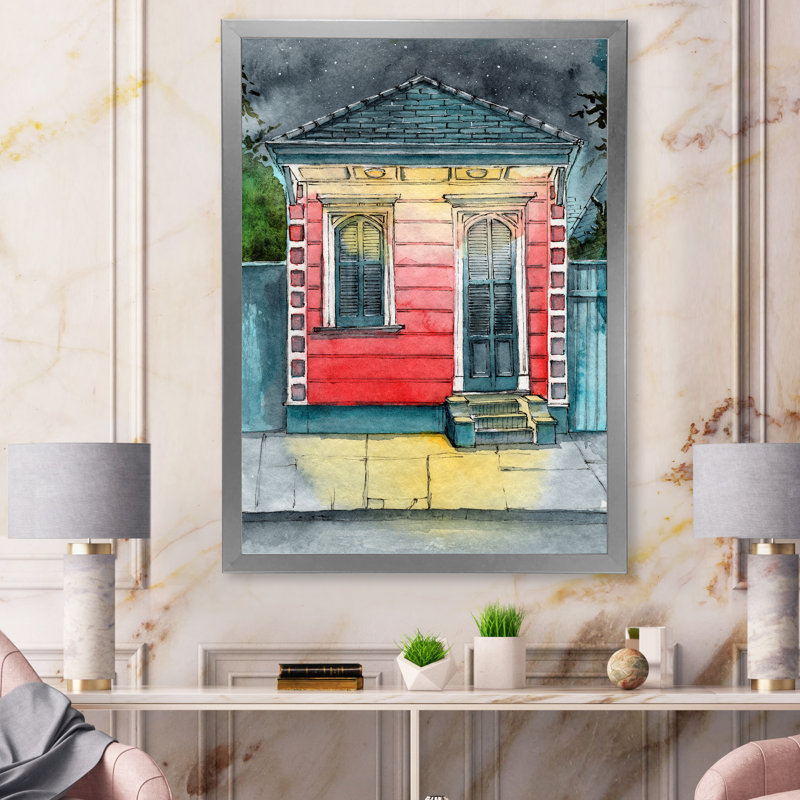 «Small Clapboard House Lit By Lighted Lanterns», reproduction sur toile, H 32 po x l 16 po x P 1 po, Cadre photo argenté