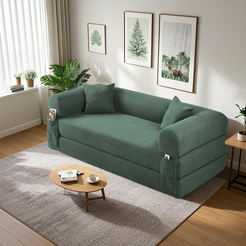 Boneless Convertible Sleeper Sofa Bed with Cylindrical Pillow, Corduroy Folding Mattress Couch, Floor Sofa Sofa-in-a-Box, No Installation & Easy to Transport, Deep Seat