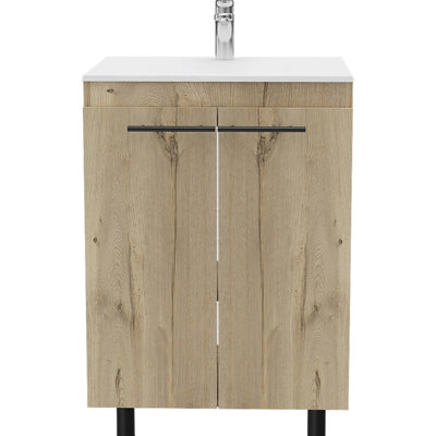 Meuble-lavabo en chêne - Armoire avec rangement généreux et portes à double miroir, paire de tablettes autoportantes 2 pièces