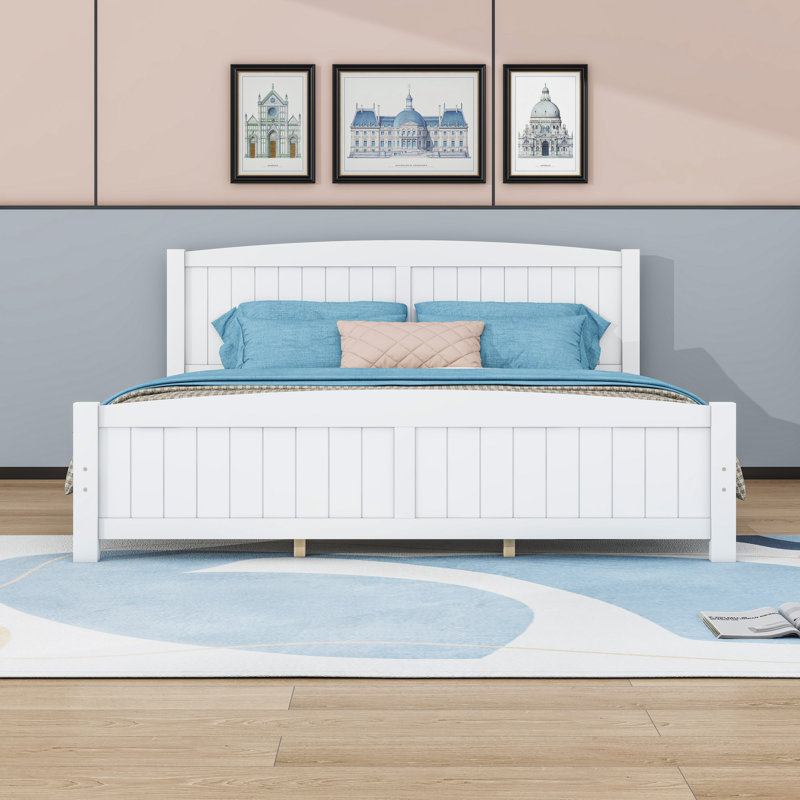Lit plateforme en bois avec tête de lit et pieds centraux, Blanc, Très grand lit
