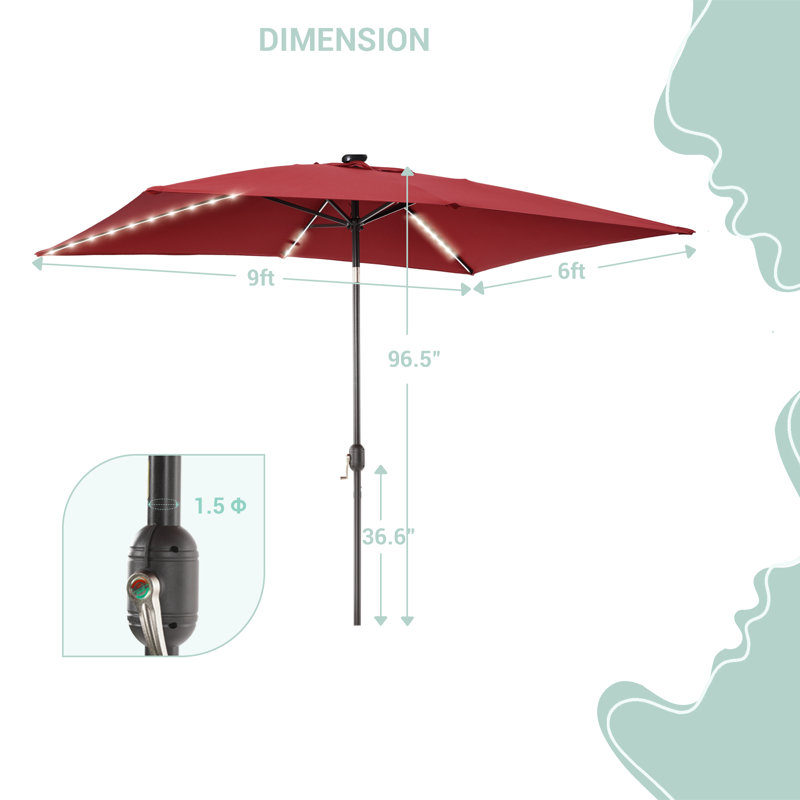 Parasol de marché rectangulaire éclairé 108 po x 72 po Sakira, Vin rouge