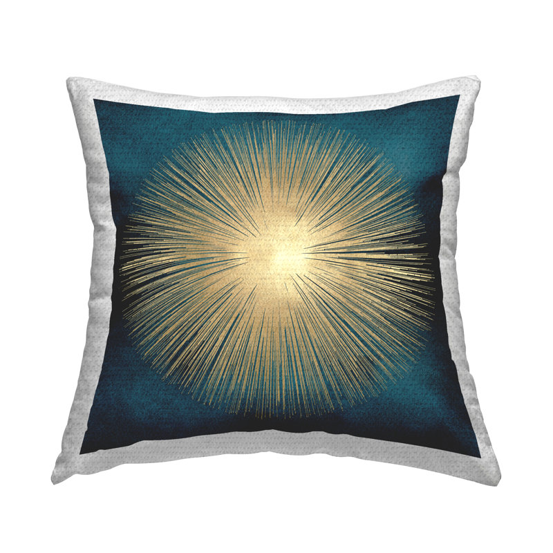 Coussin décoratif abstrait à motif abstrait sunburst sur fond bleu foncé Abby Young