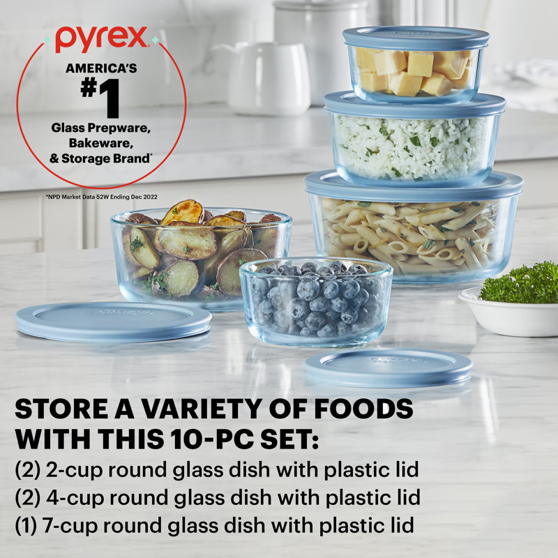  Pyrex Simply Store Tinted 5-Pack Round Storage Set with Plastic Lids, Blue