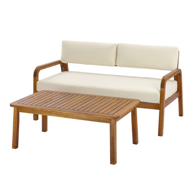 2-Pieces Outdoor Sofa Set with Cushions Outdoor Loveseat & Coffee Table Set,Teak