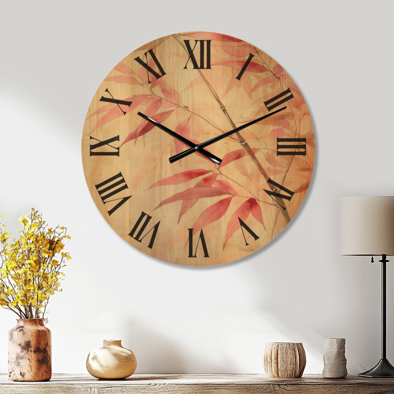 Horloge murale ronde botanique à motif de branche de bambou rose, imprimée sur bois, Grand