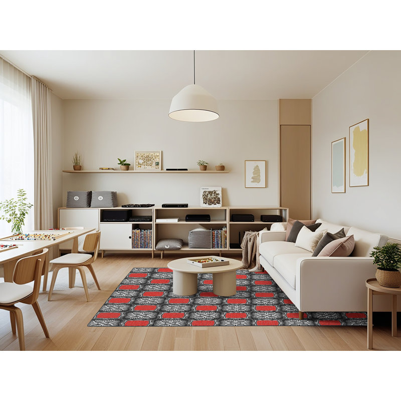 Tapis rouge/gris à motifs Joncas, Rectangle 7 pi x 9 pi