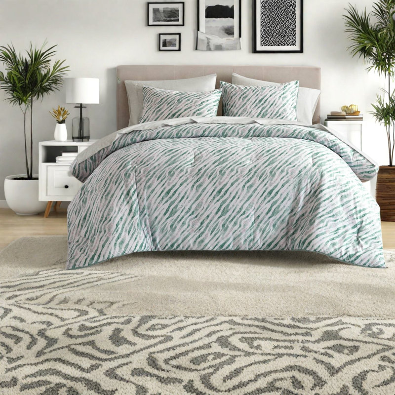 -Piece King Bedding Sets, Green Polyester Modern Comforter Set for Bedroom