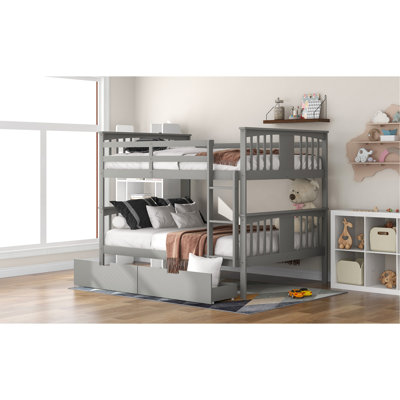 Full over Full Bunk Bed with Drawers and Ladder for Bedroom, Guest Room Furniture-Gray