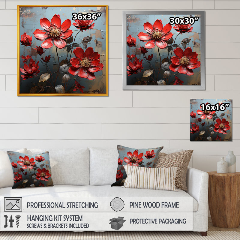 Zinnias Scarlet Petals sur impression sur toile, Cadre simple noir, H 30 po x l 30 po x P 1 po