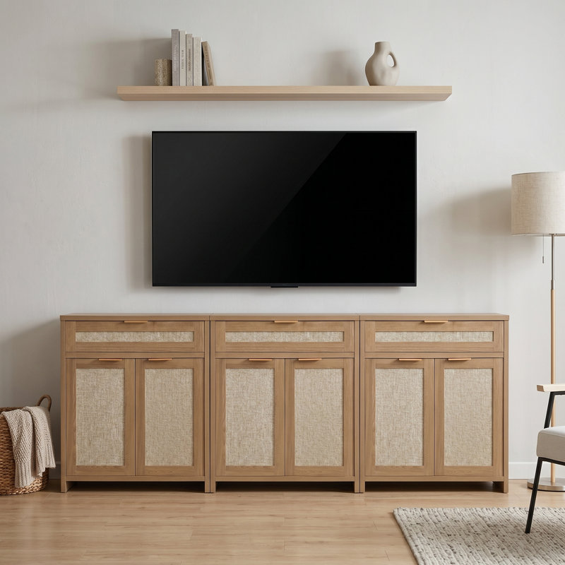 Meuble télé modulaire en bois avec portes en rotin, console multimédia extensible avec rangement à tiroirs, centre de divertissement combiné 2 pièces pour le salon
