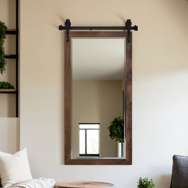 Ozark Hardwood Beveled Mirror With Steel Barn Door Rail, Walnut
