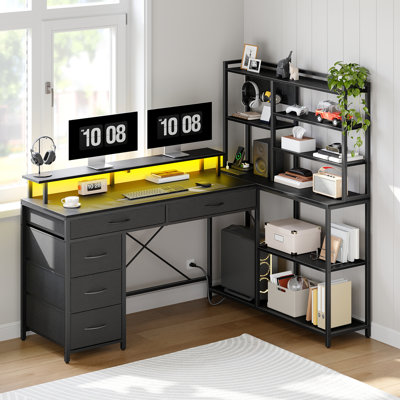 53'' L Shaped Corner Computer Desk with Drawers and Power Outlets, Gaming Desk with Storage Shelves and LED Light