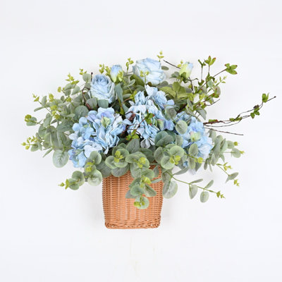 Artificial Spring Summer Hydrangea Floral Arrangement For For Front Door Wall Decor, Greenery Foliage Leaves Eucalyptus Table Centerpiece For Home Office Wedding Party Decor