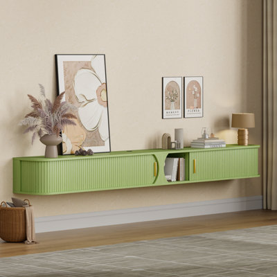 Meuble télé 94,8 po avec portes tambour rondes, console multimédia murale avec rangement et lumières RVB pour téléviseurs de 100 po ou moins