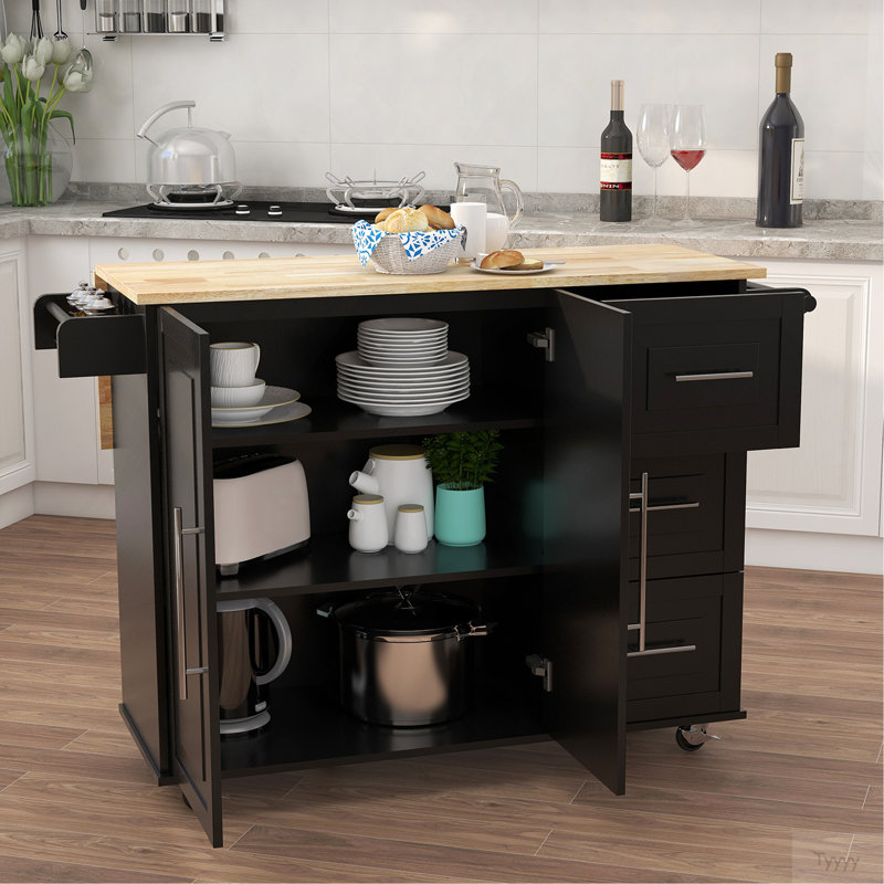 Îlot de cuisine avec support à épices, porte-serviettes et plateau de table en bois massif extensible - noir, Noir