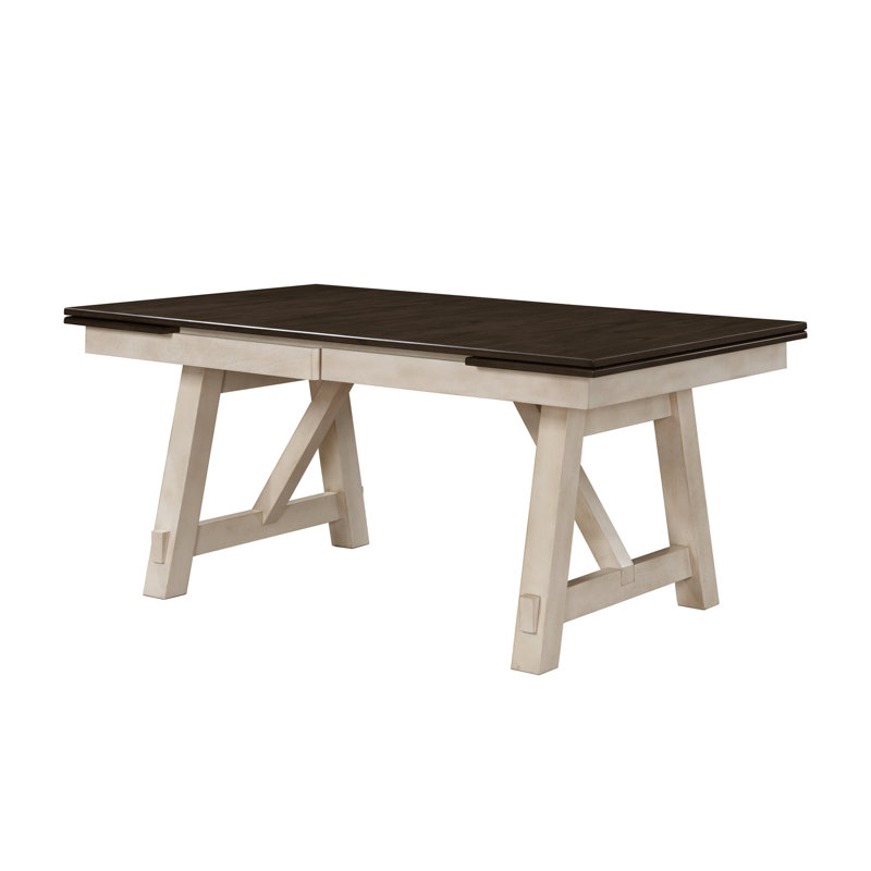 Table de salle à manger à finition gris craie avec base à tréteaux et feuilles de style campagnard à rallonge