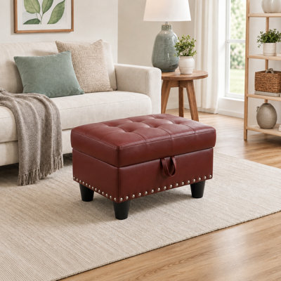 Red Faux Leather Storage Ottoman with Tufted Top & Nailhead Trim