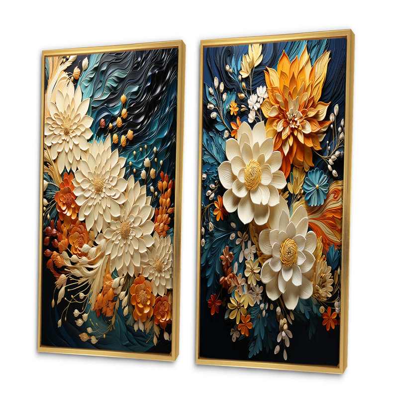 Orange Teal Botanical Whirlwind II - Abstract Wall Art Set Of 2 Modern Wall Art For Home Decor, Gold Framed, 40" H x 40" W