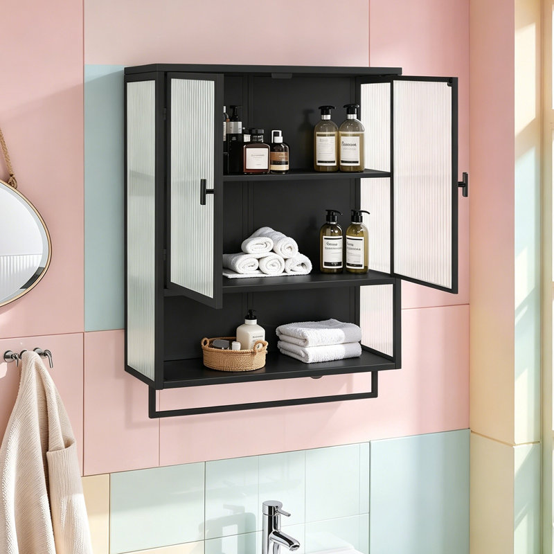 23.62"Glass Doors Modern Two-Door Wall Cabinet With Featuring Two-Tier Enclosed Storage, An Open Shelf, And Towel Rack, For Entryway Living Room Bathroom Dining Room