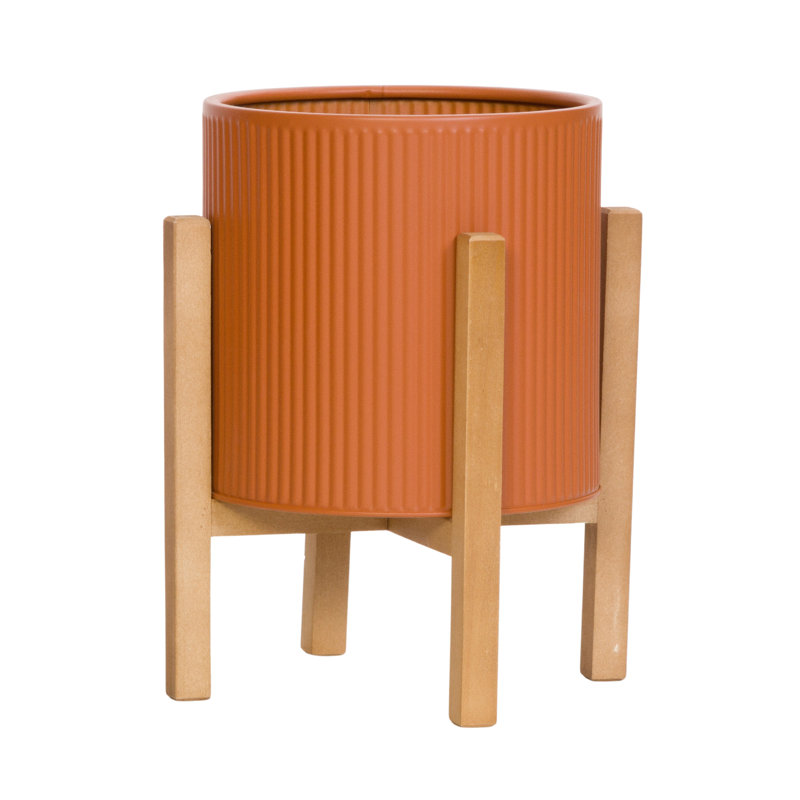 Melahat Mid Century Modern Indoor Metal Pot Planter 4-Leg Wood Base, 12" H x 10" W x 10" D