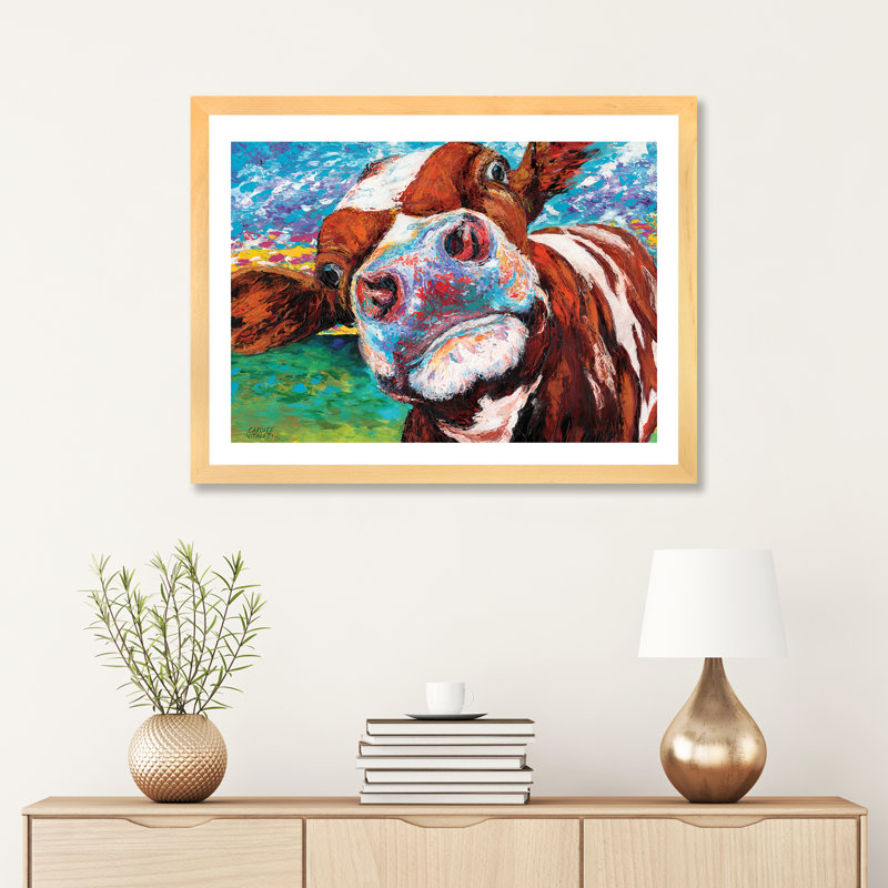 «Curious Cow I» par Carolee Vitaletti - impression d'art graphique, H 24 po x l 32 po x P 1 po, Cadre brun