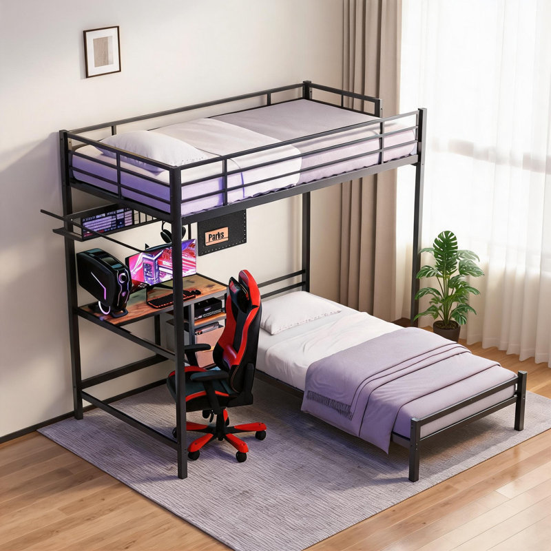 Lit superposé simple en forme de L à deux lits pour dortoir pour petites chambres en métal noir de jais avec bureau et rangement intégrés