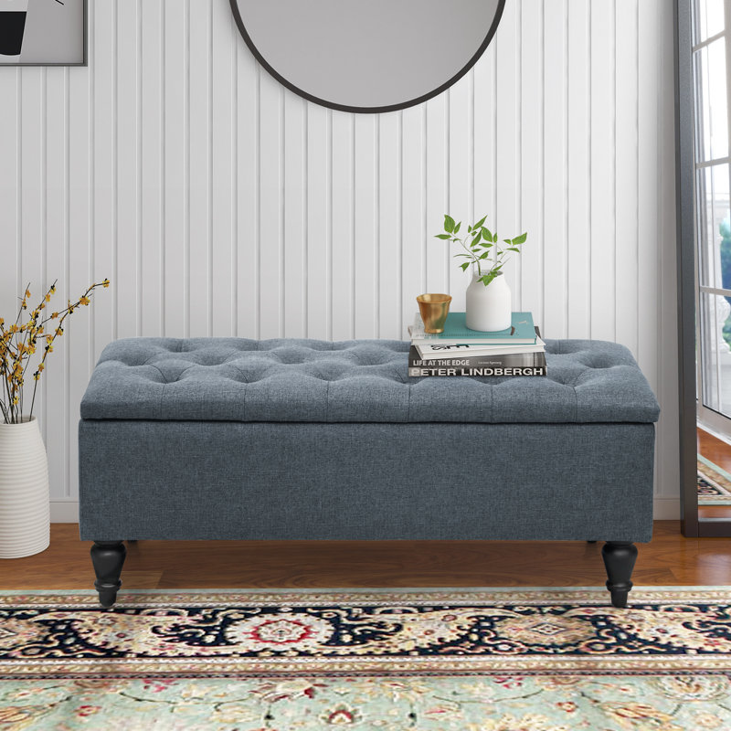 Aireen Polyester Upholstered Storage Bench, Navy