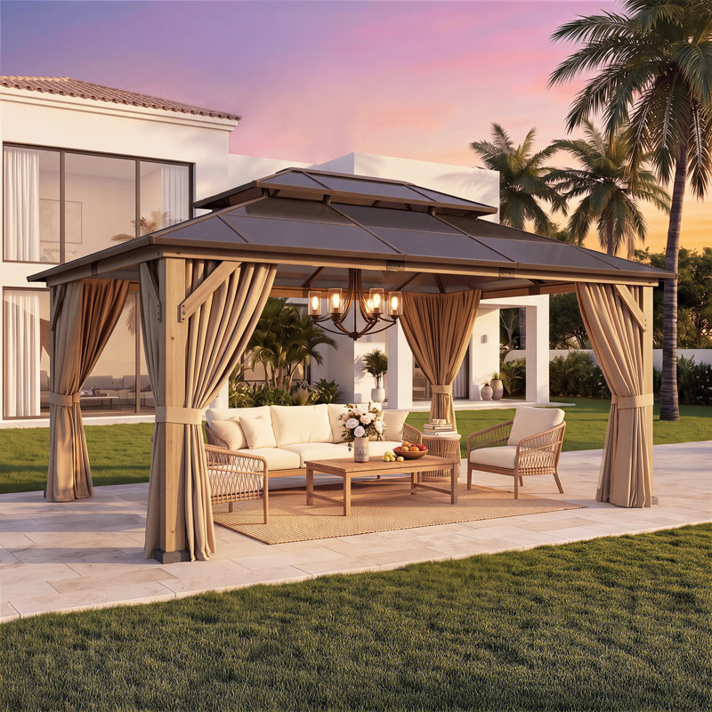 Gazebo de jardin de 4,9 m x 3,7 m en bois de cèdre de qualité supérieure, avec toit rigide en polycarbonate double couche, rideaux et moustiquaire. Parfait pour votre terrasse, votre jardin ou votre cour arrière.