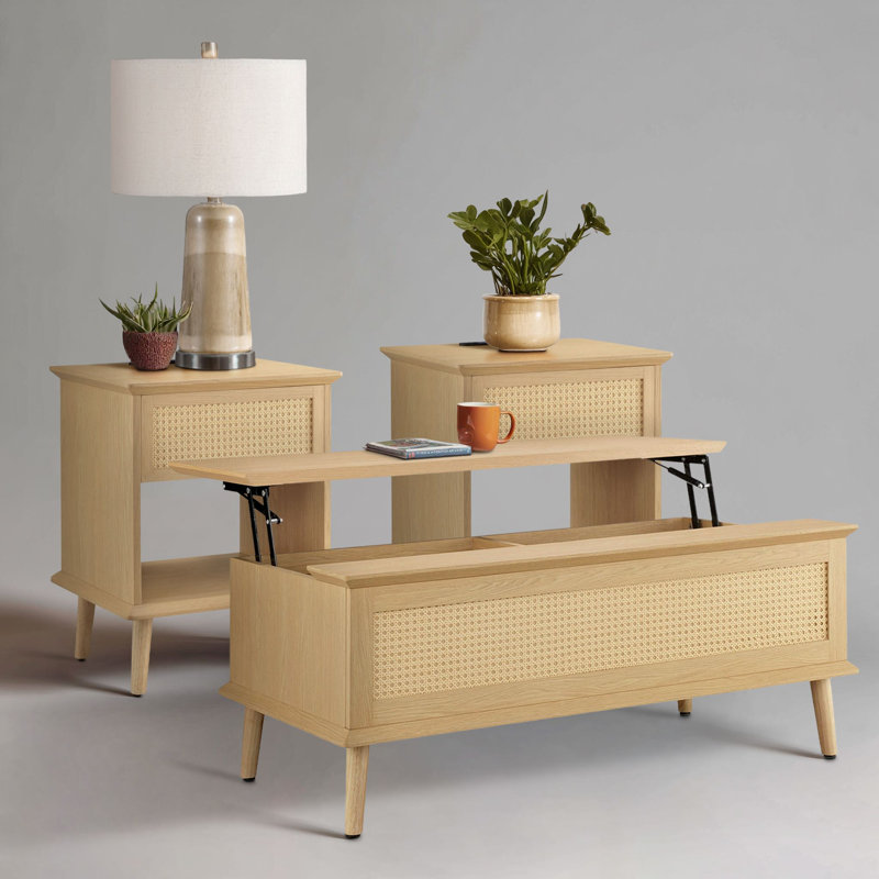 3-piece Mid-Century Modern Faux Rattan Living Room Table Set with Lift-top Coffee Table & End Tables