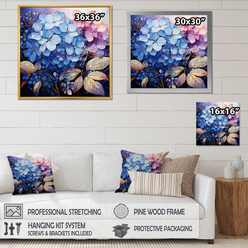 " Blue Pink Hydrangea Hydrangea Whispers ", Natural Floater Framed, 16" H x 16" W x 1" D