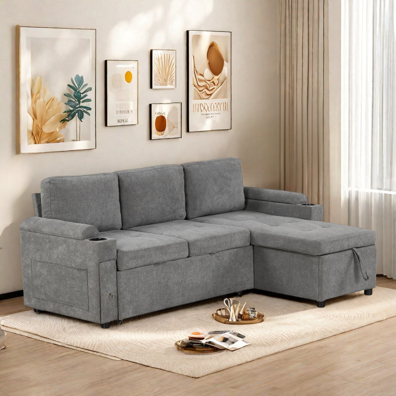L-shaped Convertible Sofa Bed With Reversible Chaise Lounge, Two Cup Holders, Two Usb Ports And Ample Storage Space, Gray