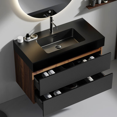 Mid-Century Modern Bathroom Vanity With Double Soft Black Drawers And Walnut Accents, Wall Mounted Grace 36" Walnut Front Panel Matt Sink,
