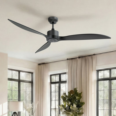 65" High-Airflow Solid Wood Ceiling Fan with Remote 6-Speed, Silent DC Motor Black Ceiling Fan without Light Kit Modern Farmhouse Great/Living Room