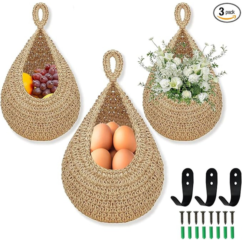 Panier à fruits suspendu pour la cuisine, paquet de 3 paniers de fruits suspendus avec 3 crochets, panier mural suspendu Boho, paniers de cuisine suspendus pour le rangement des fruits, des légumes et des oignons, linge