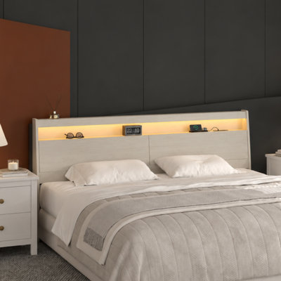 Headboard King Size White with Storage, LED Lights, USB Ports & Power Outlets – High-Quality, Space-Saving Design