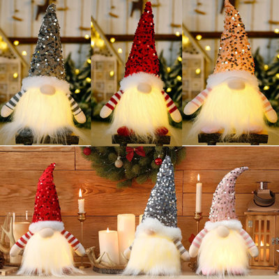 6 pièces de gnomes de Noël illuminés - décorations en peluche de gnomes de Noël mignons à paillettes