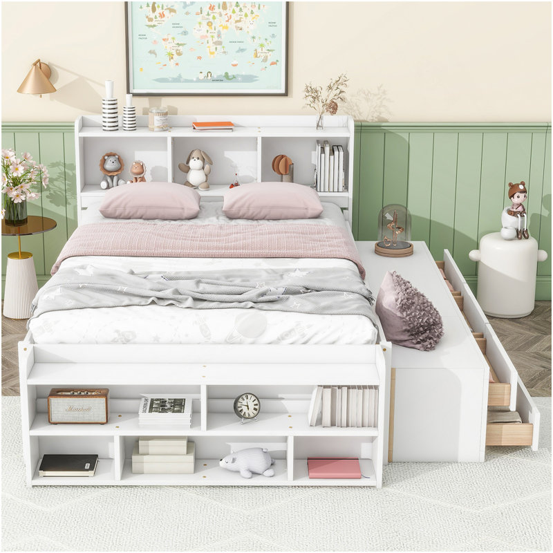 Lit double avec tête de lit bibliothèque, tiroirs de rangement sous le lit et étui de rangement pour bout de lit, blanc